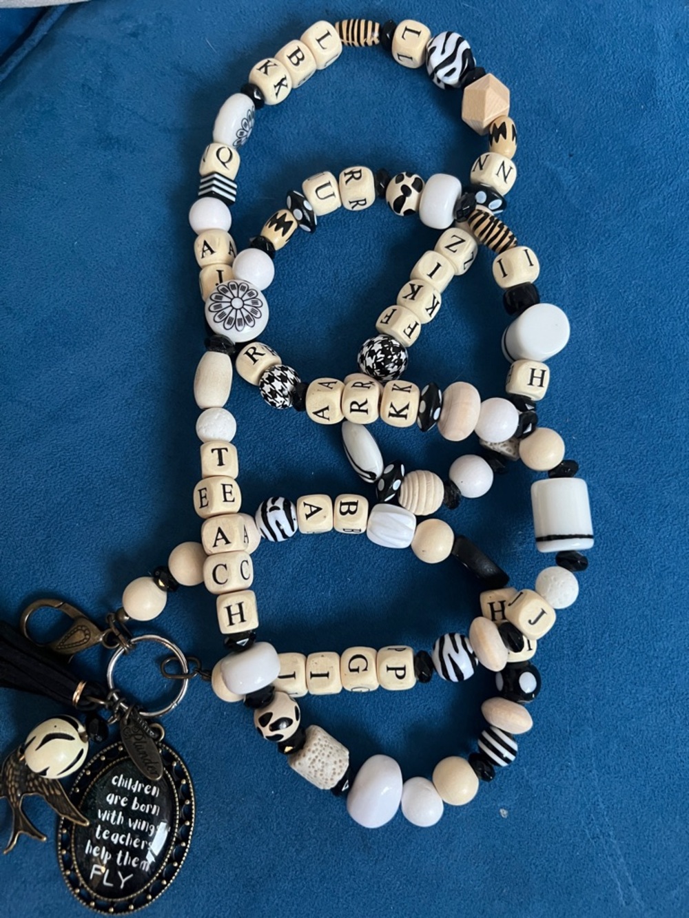 Black & White Beaded Alphabet Lanyard with Tassel Charm- best teacher gift!